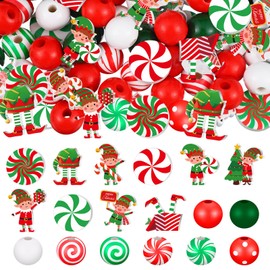 Misdary 200 Pcs Elf Christmas Beads for Crafts Christmas Beads for Jewelry Making Red and White Beads Wooden Beads Xmas Candy Beads for Craft Holiday DIY Garland Party Tree Hanging Home