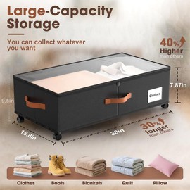 Under Bed Storage with Wheels, 9.5'' Higher Under Bed Storage Containers with Clear Lids & Label, 2 Pack 60L Larger Capacity Under Bed Storage Bins, Metal Drawer for Clothes, Blankets, Shoes, Toys