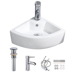 Small Bathroom Sink Wall Mounted Basin Triangle Corner Mini Sink with Chrome Faucet & Waste Drain Kit-12.8 x 12.8 x 5.1inch/325 x 325 x 130mm