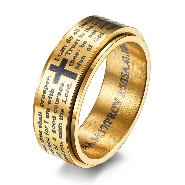 INRENG Stainless Steel Bible Verse Christian Cross Ring Spinner Wedding