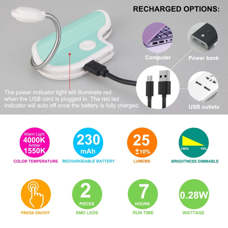 BIGMONAT Rechargeable Reading Light for Kids,Small Amber Book Light,Multi Colors