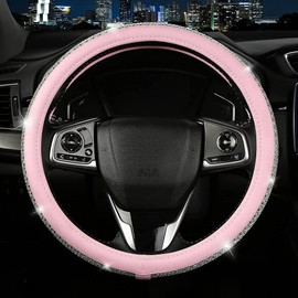 Bling Diamond Leather Steering Wheel Cover, Pink Steering Wheel Covers for Women Girls with Crystal Rhinestones, Universal Fit 15" Car Steering Wheel Bling Cover Accessories