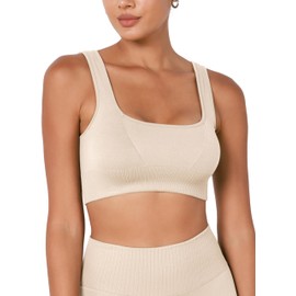 ODODOS Seamless Square Neck Sports Bra for Women Ribbed Crop Tank Casual Low Back Cropped Tops, Ivory, Medium-Large