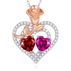 AGVANA January October Birthstone Jewelry Garnet Pink Tourmaline Necklace Sterling Silver Rose Flower Heart Double Birthstone Pendant Necklace Anniversary Birthday Gifts for Women Mom Wife Her