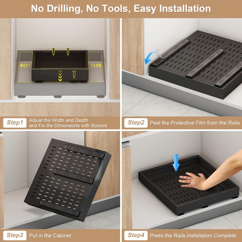 2Pc Pull out Cabinet Organizer,Width (14"-21"),Depth(17"-24") Expandable with 3 Rails,No