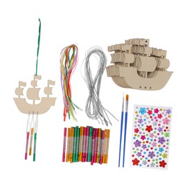 Totority 1 Set DIY Sailboat Wind Chime Kit for Unfinished Wooden Craft Supplies Creative Painting Decor with Bells Brushes and String for Art Projects and Home Decoration