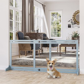 PawHut 72" W x 27.25" H Extra Wide Freestanding Pet Gate with Adjustable Length Dog, Cat, Barrier for House, Doorway, Hallway, Blue-Gray