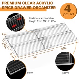 Spice Drawer Organizer, 4 Tier Clear Acrylic Drawer Seasoning Organizer Rack, Kitchen Seasoning Jars Drawers Insert, Expandable 11" to 22" Spice Rack Tray for Cabinet/Countertop (Jars Not Included)