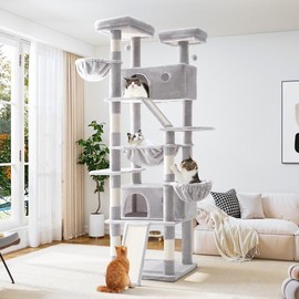 Allewie 【April Limited Deal】Allewie 82 Inches Tall Cat Tree/Multi-Level Large Cat Tree House and Towers for Large Cat/Cat Climbing Tree with Cat Condo and Hammock/Cat Tree Scratching Post/Wide Base - Color: Grey