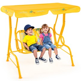 HONEY JOY Kids Patio Swing, 2-Seater Outdoor Porch Swing Lounge Chair, Adjustable Canopy & Safety Belt, All Weather Resistant Waterproof Hanging Swing Bench for Garden Pool Balcony(Yellow Dinosaur)