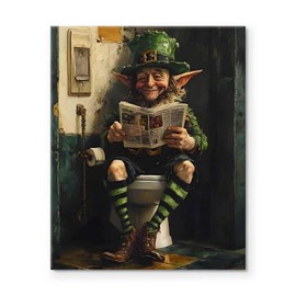 St Patrick Day Canvas Wall Art Decor - 8X10 inch Funny Leprechaun on Toilet Framed Painting, St. Patrick’s Day Humor Art, St. Patrick’s Day Decorations, Ideal for Bathroom, Living Room, Gift Idea