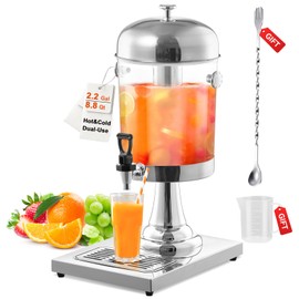 2 Gallon Drink Dispensers for Parties, Easy-to-Clean Drip Tray Design, Juice Dispenser with Ice Container, Hot & Cold Versatile Stainless Steel Beverage Dispenser with Stand, Spigot, Clear