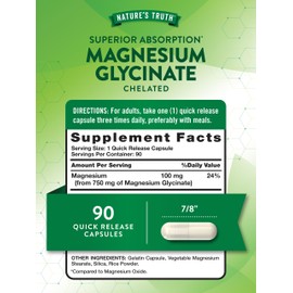 Nature's Truth Magnesium Glycinate Capsules | Supplement for Adults | 750mg | Quick Release | High Absorption Chelated Formula | Non-GMO & Gluten Free