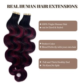 Body Wave Tape in Hair Extensions Human Hair Natural Black Balayage Burgundy Highlights Hair Extensions Real Human Hair 16 Inch 50g/pack 20pcs Tape in Hair Extensions Remy Human Hair Extensions