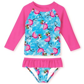 Funnycokid Girls' Flamingo Rash Guard Sets Long Sleeve Bathing Suits Swimming Sets Two Piece Rashguard Swimsuit Swimwear Kids Swim 7-8 Years