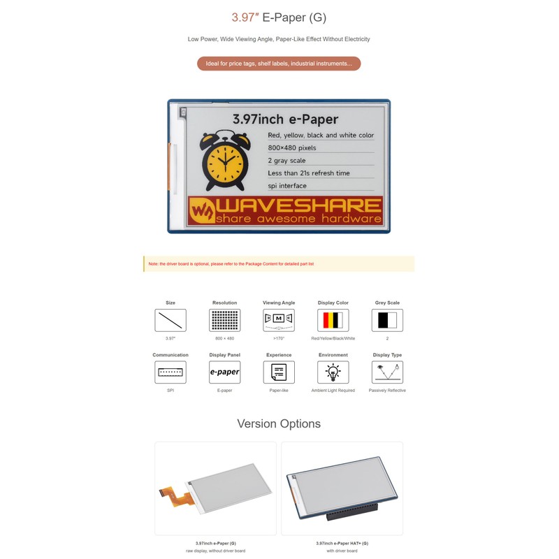 3.97 inch E-Ink Display Module with SPI Interface, 800 x
