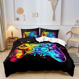 YUTNSAN Gamepad Bed Linen 135 x 200 cm Game Theme Colourful Game Controller Modern Black Microfibre Duvet Cover for Boys Children Men and Pillowcase 80 x 80 cm