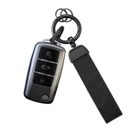 Gray Key Fob Cover with Heavy-duty Keychain for VW Volkswagen Atlas Golf GTI Jetta Passat Tiguan Touareg Beetle Flip Smart Remote Key Full Protector
