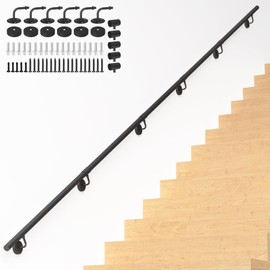 13FT Industrial Metal Stair Handrail,Round Pipe Stair Railing for Indoor/Outdoor Steps,Wall Mount Support Staircase Handrails,440LBS Load Capacity Hand Rails,Safety Grab Bar Porch Stairway Railing