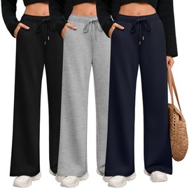 Riyiper 3 Pack Women Wide Leg Sweatpants Drawstring Straight Pants Elastic Waist Joggers Open Bottom Sweatpants with Pockets(Navy Blue, Light Grey, Black,M)