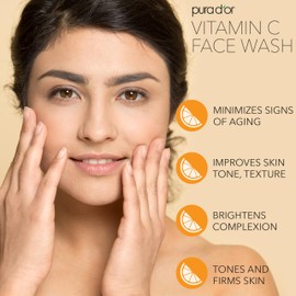 PURA D'OR Vitamin C Face Wash (8oz x 3 = 24oz) Antioxidant Rich Brightening Cleanser For Radiant Glow & Even Skin Tone - Hydrating, Refreshing & Nurturing, Sulfate & Paraben Free Gentle Formula