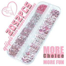 qiipii 2052Pcs Pink Nail Rhinestones 12 Shapes Light Pink Rhinestones for Nails Flatback K9 Glass Gems Round Beads Stones Diamonds Crystals Nail Charms Art Supplies for Nails Face Eyes Makeup Crafts