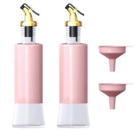 Miao’er Olive Oil Dispenser Bottle for Kitchen Set of 2, Golden Non-Drip & Leakproof Spout, One-handed Hold, With Pink Funnel for Easy Filling, 10OZ/300ML(PINK)