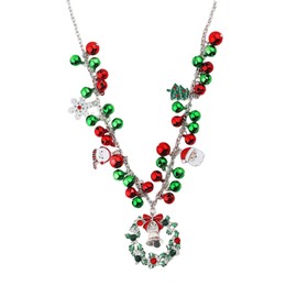 Cute Wreath Jingle Bells Green Red Ball Santa Claus Snowman Christmas Tree Beaded Pendant Necklace for Women Dainty Silver Plated Xmas Decoration Necklaces Adjustable Chain Fashion Jewelry for