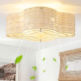 Gryalcy 20" Boho Ceiling Fan with Light, Rattan Flush Mount Ceiling Fan with Light Remote Control, Caged Enclosed with 6 Speeds for Bedroom, Living Room, Foyer, Nursery (Yellow)