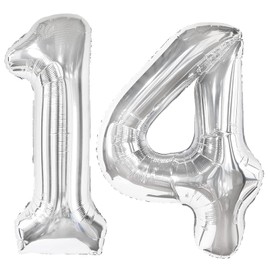 40 Inch Silver Number 14 Digital Balloon,Jumbo Mylar Foil Helium Balloon for 14 Balloons for Birthday Party,Wedding Anniversary Party Decorations