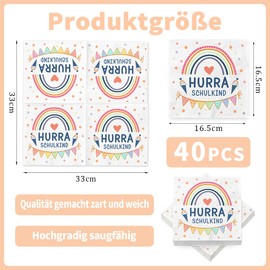 Pack of 40 Napkins for School - Hurra School Child, 33 x 33 cm - Rainbow School Decoration School Child 2025 Girls Boys, Table Decoration for First Day of School