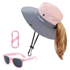 Kids Sun Hat with Sunglasses Girls UV Protection Wide Brim Summer Beach Cap with Ponytail Hole Pink