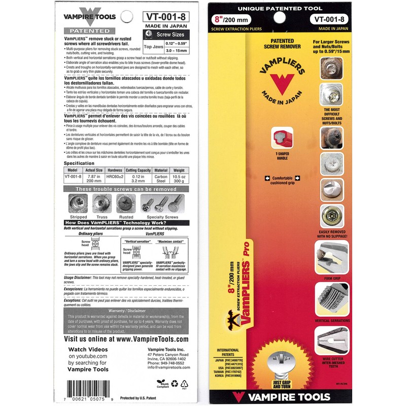 VAMPLIERS 8" Linesman Screw Extractor Pliers (2-Pack) Made in Japan