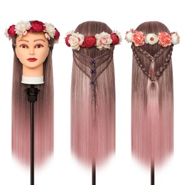 Styling Head 28 inch Hairdresser Training Head 100% Synthetic Fiber Hair Styling Head, Training Head Hairdressing Head with Free Clamp and DIY Braiding Set (Gradient Pink)