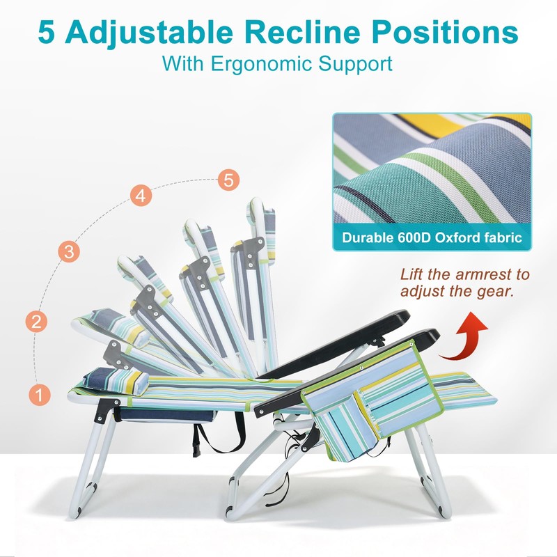 ABORON 5-Position Beach Chair for Adults, Lay Flat Reclining Beach