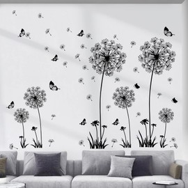 decalmile Dandelion Wall Decals Flying Flowers Butterflies Wall Art Stickers Bedroom Living Room TV Background Home Decor (2 Pack)