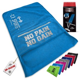 C.P. SPORTS Fitness Handtuch Towel Mikrofaser | Fixierung + Tasche mit Reißverschluss | Fitnessstudio Gym Training Sport | extra weich, waschbar, lang & groß | für Frauen & Männer | Farbe Blau
