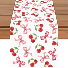 Cherry Pattern Table Runner, Red White Design with Bows, Seasonal Kitchen Dining Table Decoration for Home Party Wedding Birthday Decor, 72 x 13 inches
