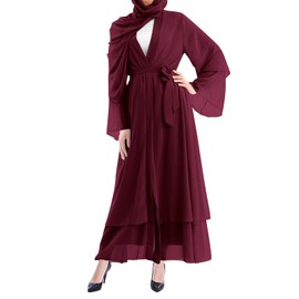 Burgundy XL Women's Muslim Chiffon Kaftan Abaya Robe - Open Front Kimono Caftan Islamic Dress - Loose Full Cover Casual Ruffle Sleeve Robe