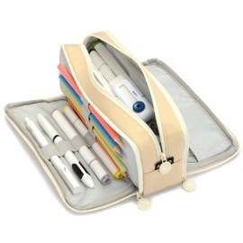 Vocuer Large Capacity Special Aesthetic Pencil Case Organizer with 3 Compartments, Big Preppy School Pencil Pouch Bag for Girls Women Adults, Pencil Holder Pen Pouch Cases (Khaki)