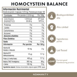 NEWMANITY Homocys-T L-Serina + TMG Betaina - 200 Capsulas - Suplemento con Vitaminas B2, B12, L Serina, Betaina y Folato para el Apoyo a la Funcion Cognitiva, Memoria, Metabólico y Nutricional