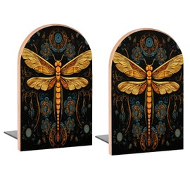Mandala Dragonfly Book Ends Decorative Wood Bookends for Shelves Kids Room Desk Home Office Book Stoppers for Magazines,Books, DVDs, 1 Pair/2 Pieces(5x3.1 in)