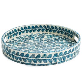 CLAYNIX Serving Tray 12.5 Inch, Lacquer Mother of Pearl Inlay Mosaic Tray, Round Wooden Marble Tray with Handles Trays for Tea, Breakfast (Leaf Style)