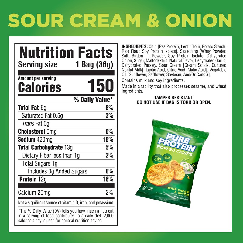 Pure Protein Popped Crisps, Sour Cream & Onion, High Protein