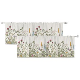 Riyidecor 2 Pack Wildflower Window Valance for Bedroom Living Room, Leaf Floral Spring Botanical Curtains Valanes for Windows,Rod Pocket Window Treatment 52 x 18 Inch, 2 Panel