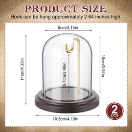 2 Pcs Pocket Watch Display Case with Hooks 3" x 4" Watch Ornament Glass Display Glass Dome Cloche with Wood Base Decorative Glass Display Dome Cloche for Watch Medals Jewelry Collectibles(Gold Hook)