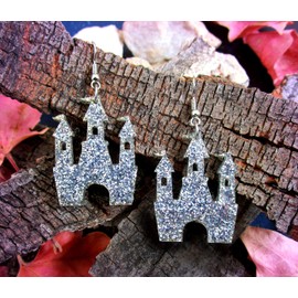 Glitter Castle Earrings with Nickel Free Hooks, Magic Princess Castle Statement Dangle Earrings, Big Silver Glitter Magical Kingdom Jewelry