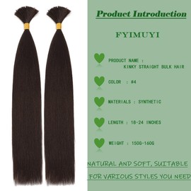 Kinky Straight Bulk Hair for Braiding No Weft 2 Bundles 150g Quality Faux Braiding Hair Extensions for Boho Braids Wet and Wavy Kinky Straight Bulk Hair for Micro braiding (20Inch, #4)