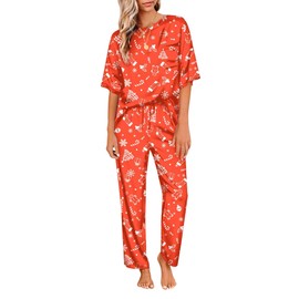 Ekouaer Christmas Pajamas Christmas Pj Set Outfit Silk Pajama Set Womens Sleepwear Satin Pant Set Soft Lounge Set Red Loungewear Set Pijamas Red