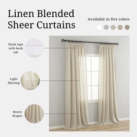 VOILYBIRD Beige Linen Sheer Curtains with Hook Belt 96 Inches Long Light Filtering Semi Sheer Curtains for Living Room 2 Panels, 52x96